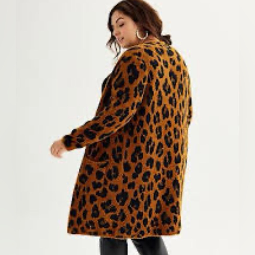 Nine West Leopard Print Eyelash Knit Cardigan Duster Brown Black Plus 1X - Picture 2 of 8